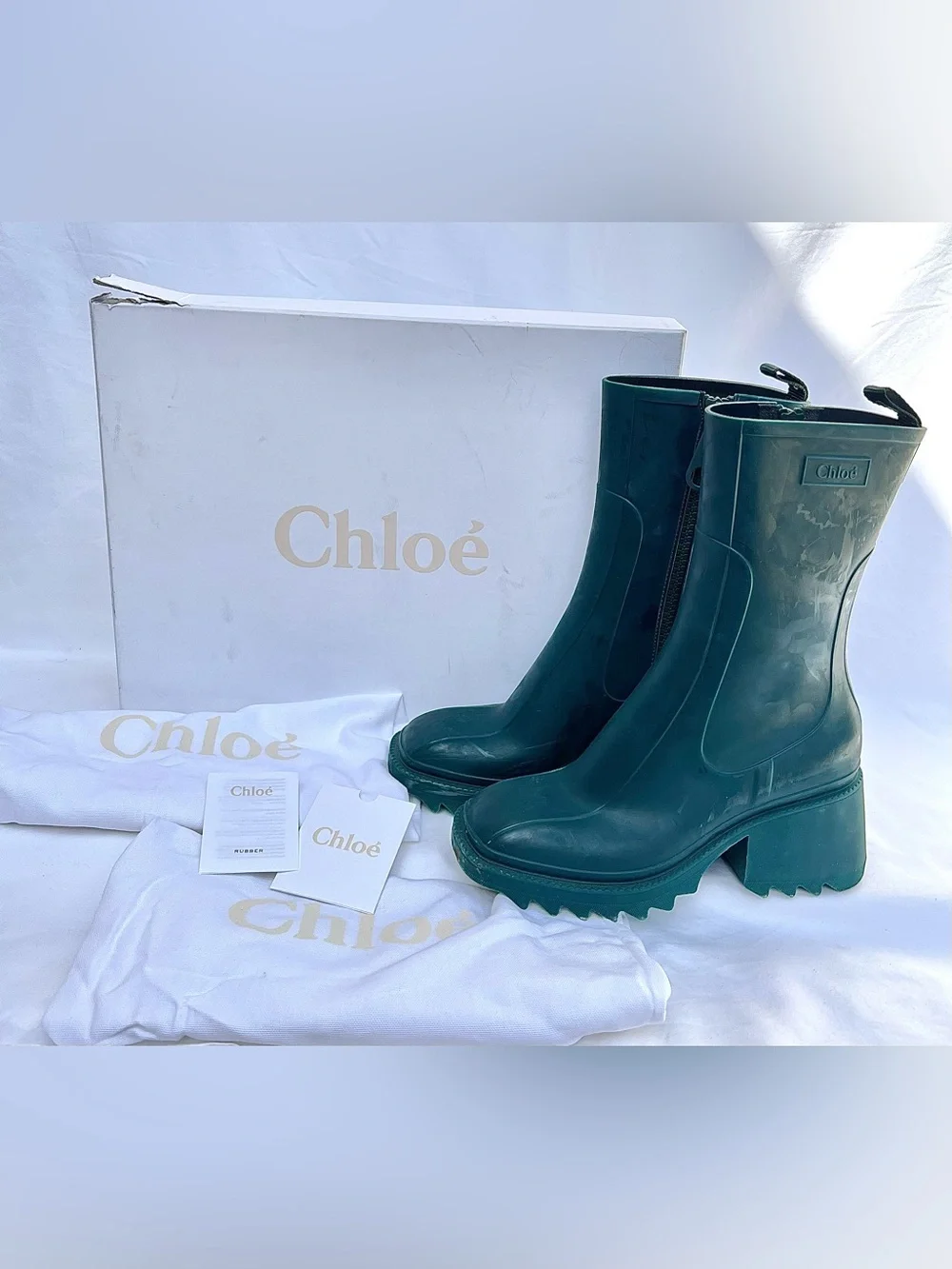 Chloe Betty Dark Emerald Green Rubber Heel Rain Boots Women’s Size 39 US 8